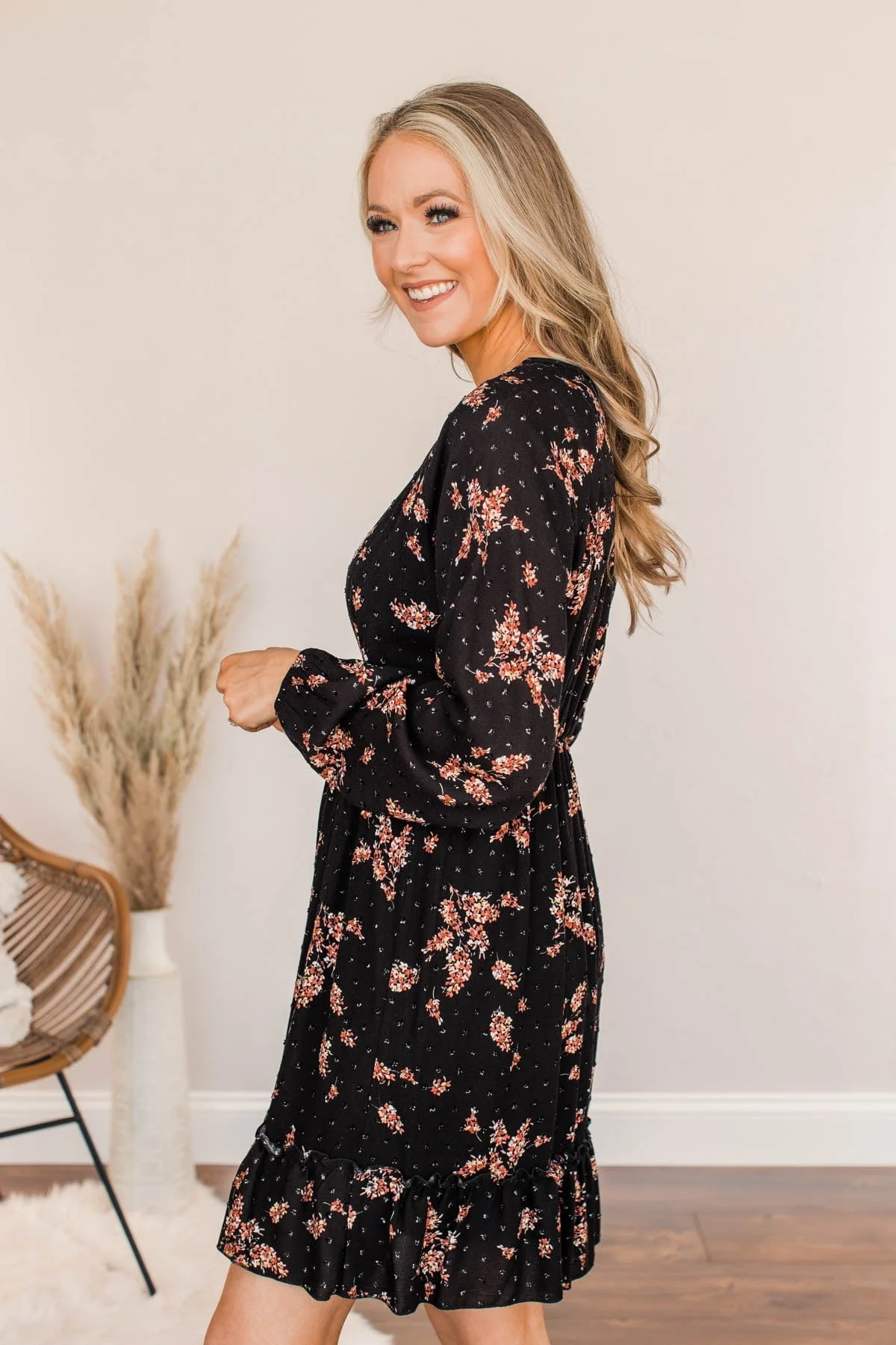 Floral Festivities Swiss Dot Dress- Black - Image 7