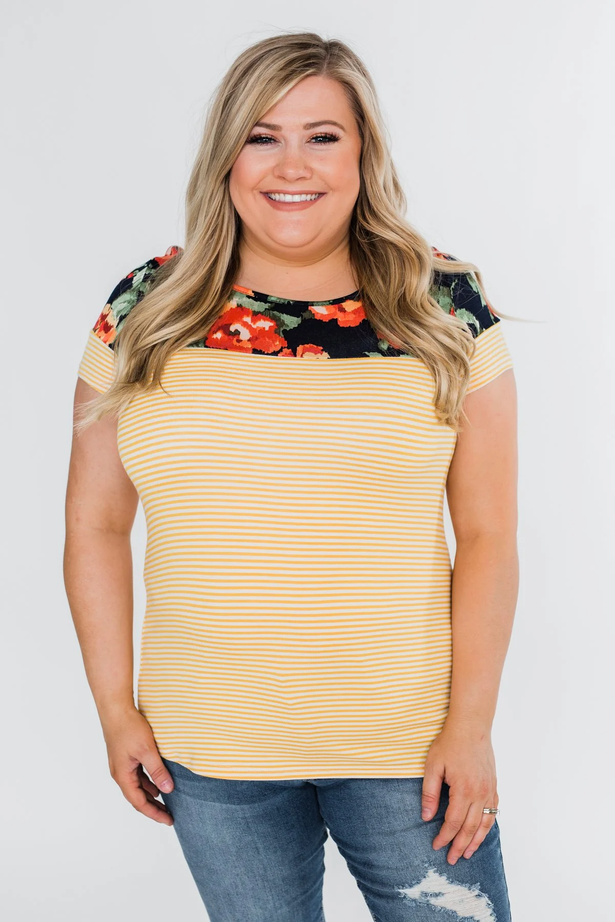 Floral Fever Short Sleeve Stripe and Floral Top - Yellow - Image 9