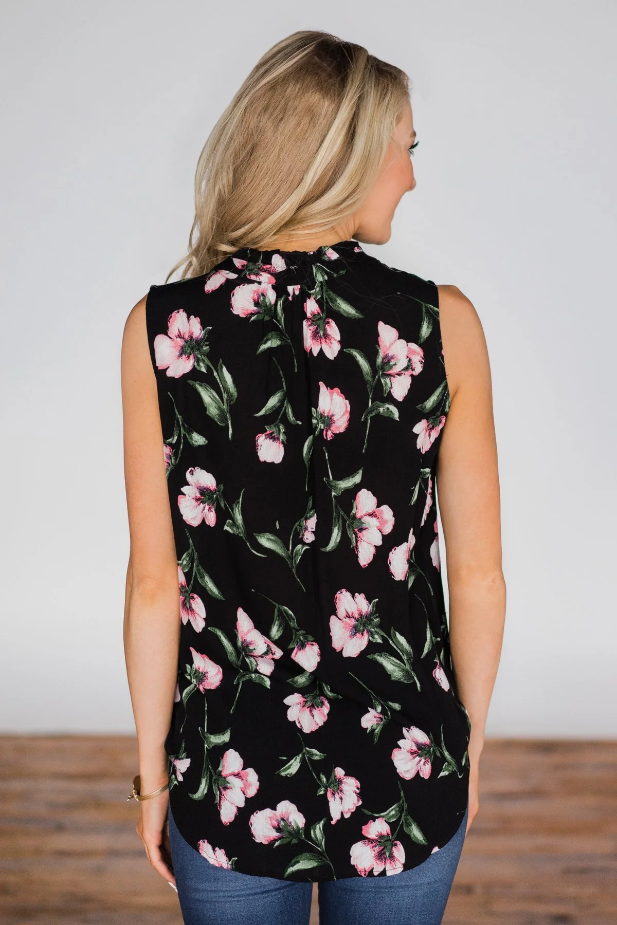 Floral Finesse Neck Tie Tank Top - Black - Image 7