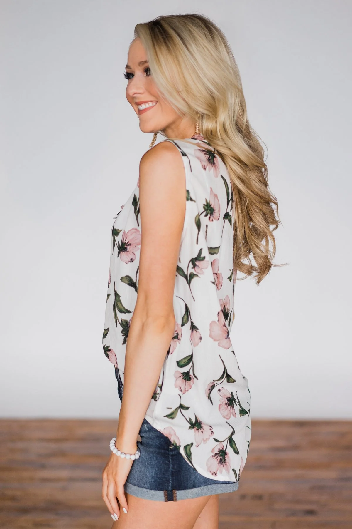 Floral Finesse Neck Tie Tank Top- Ivory - Image 5
