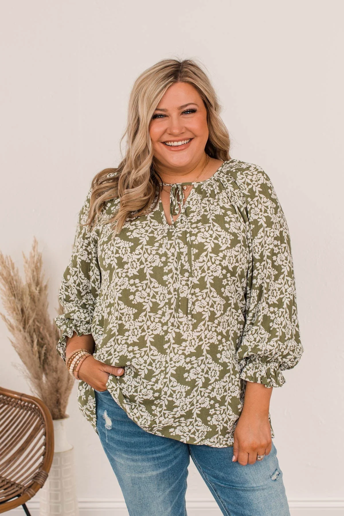 Floral Friends Long Sleeve Top- Olive - Image 2