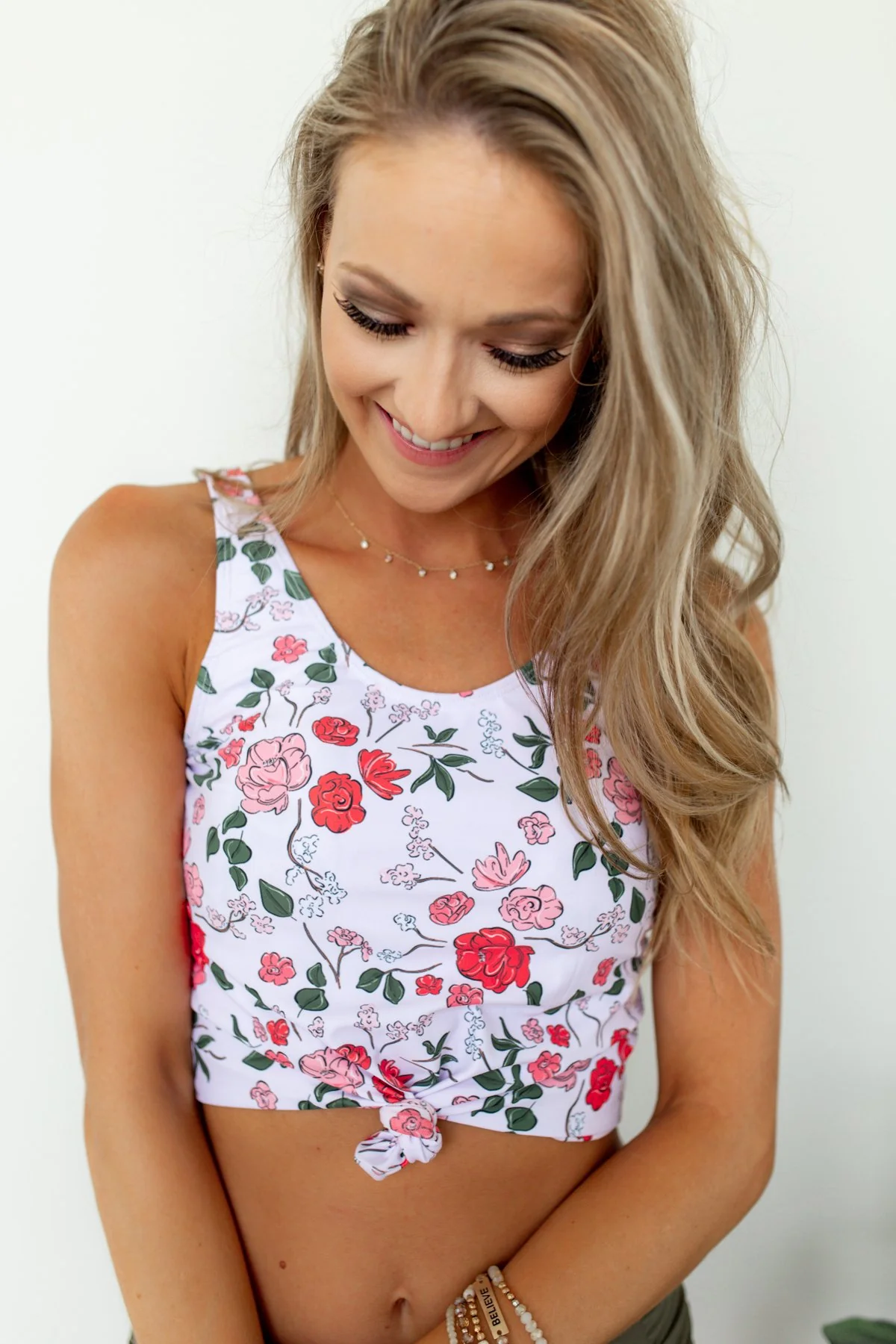 Floral Front Knot Swimsuit Tankini- Light Pink - Image 2