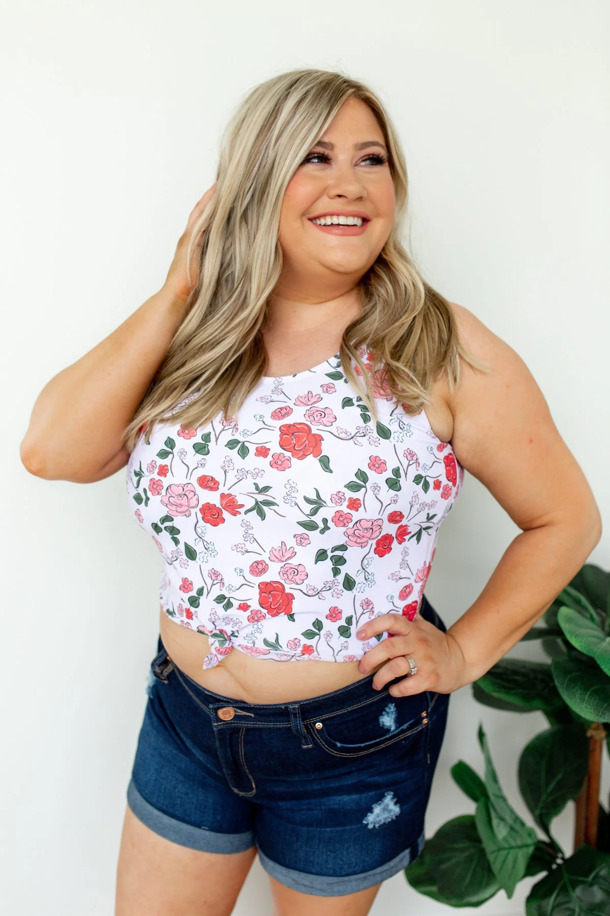 Floral Front Knot Swimsuit Tankini- Light Pink - Image 3