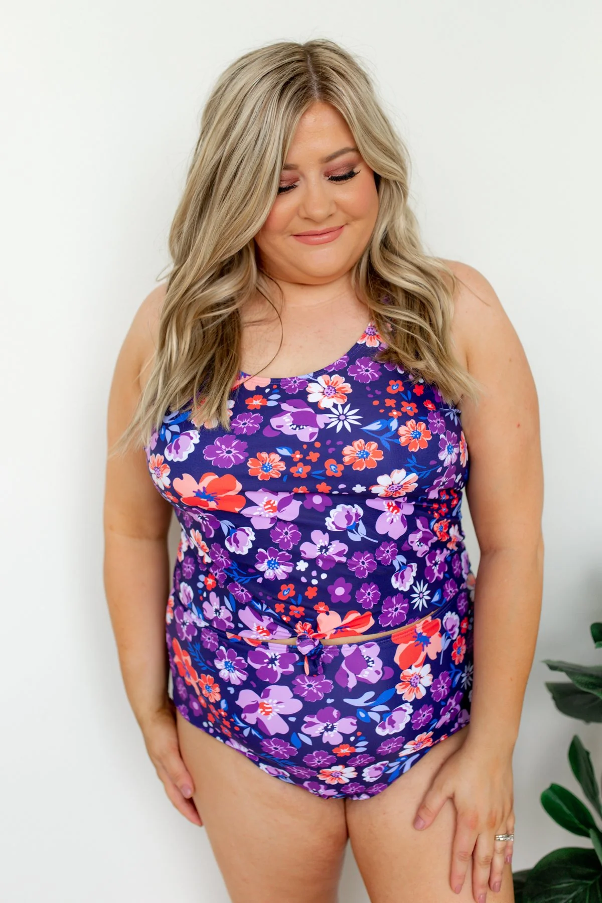 Floral Front Knot Swimsuit Tankini- Purple & Orange - Image 8