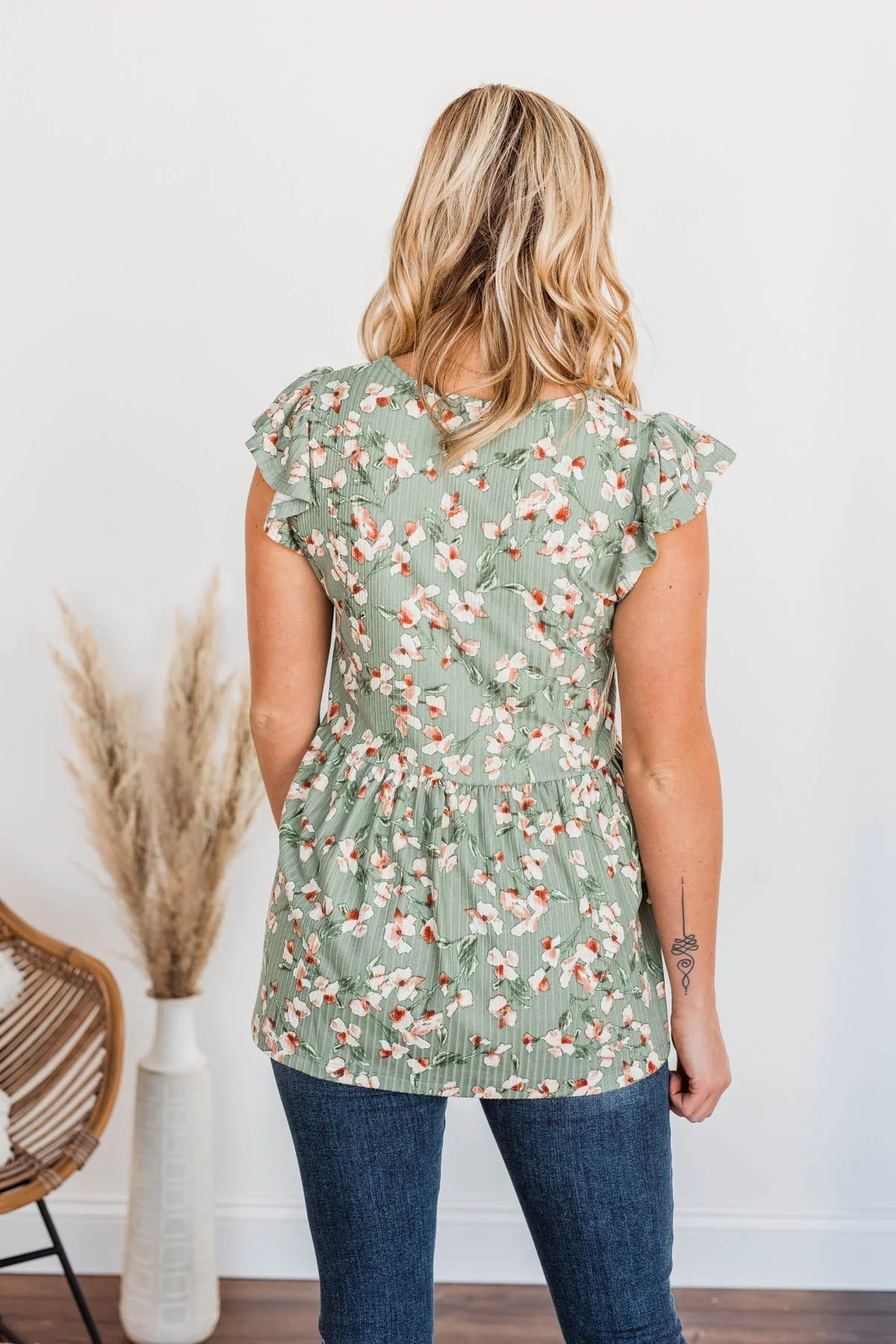 Floral Goddess Flutter Sleeve Top- Olive - Image 12