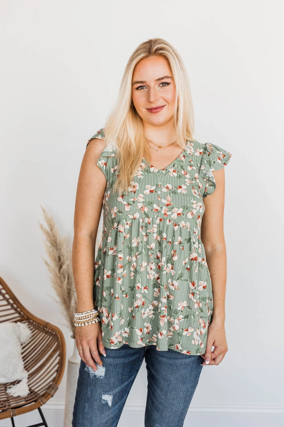 Floral Goddess Flutter Sleeve Top- Olive - Image 2