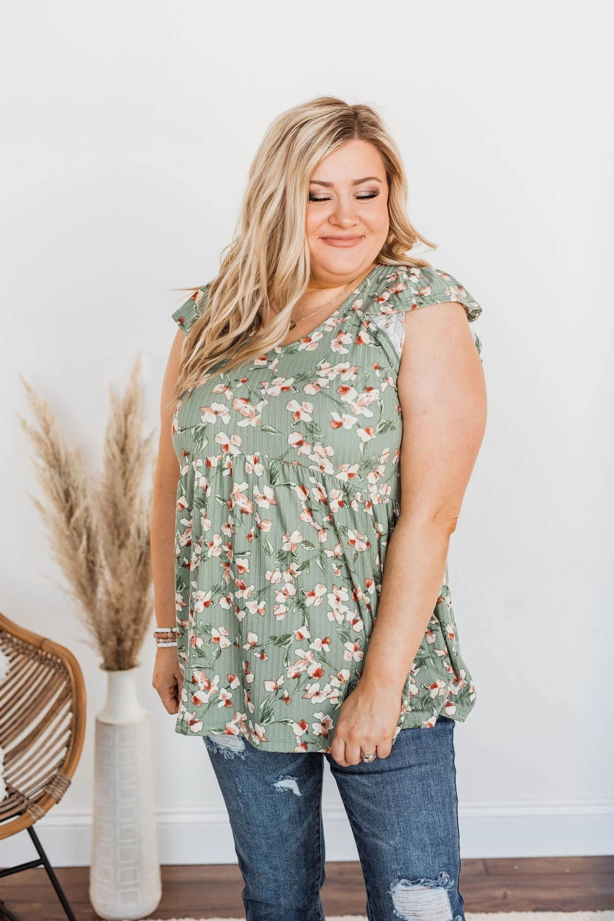 Floral Goddess Flutter Sleeve Top- Olive - Image 4