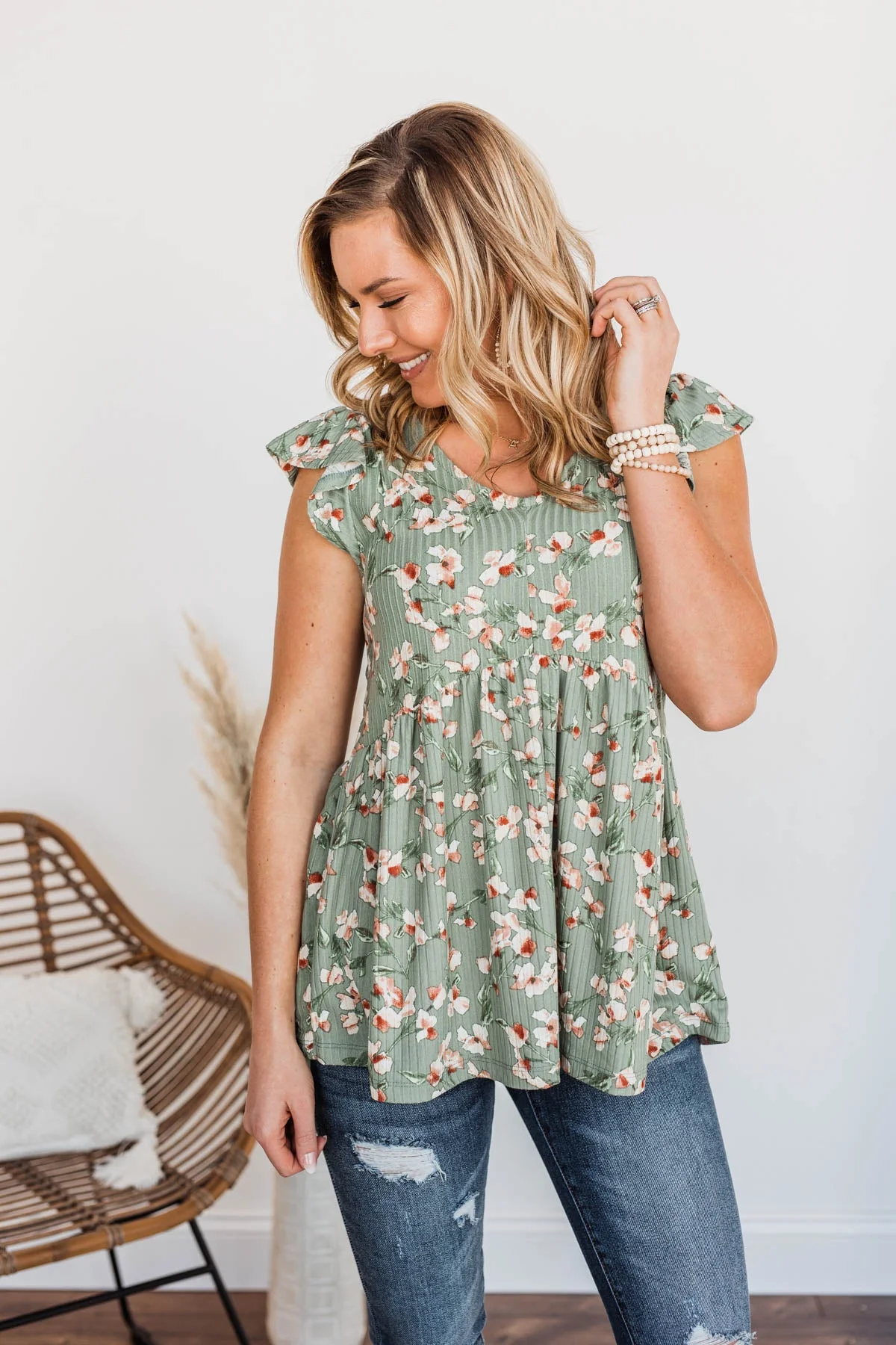 Floral Goddess Flutter Sleeve Top- Olive - Image 7