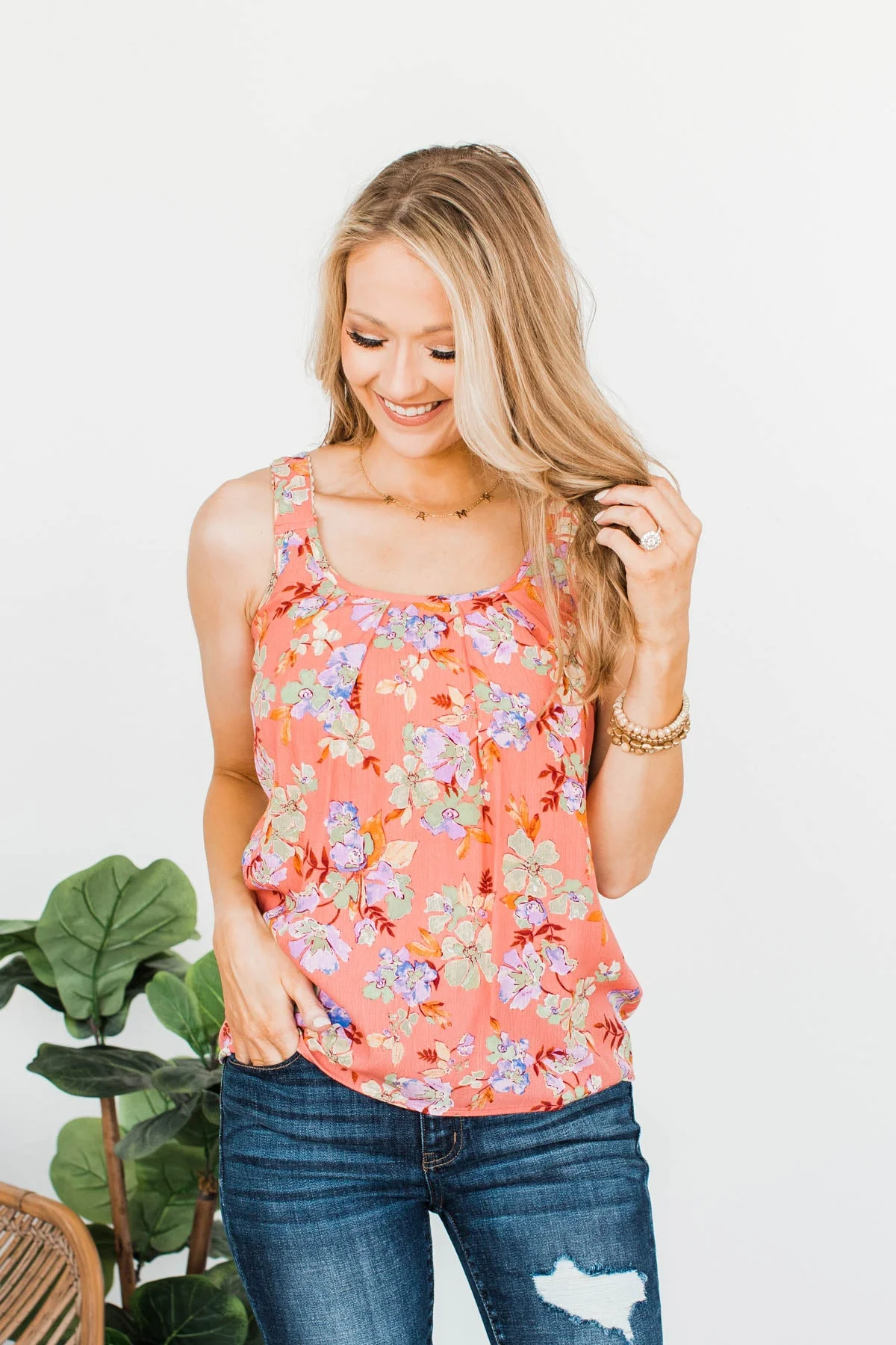 Floral Happiness Pleated Tank Top- Coral - Image 2