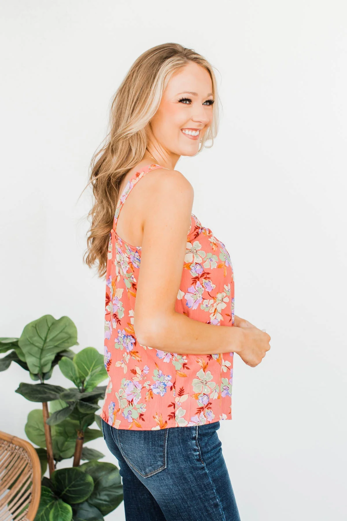 Floral Happiness Pleated Tank Top- Coral - Image 7