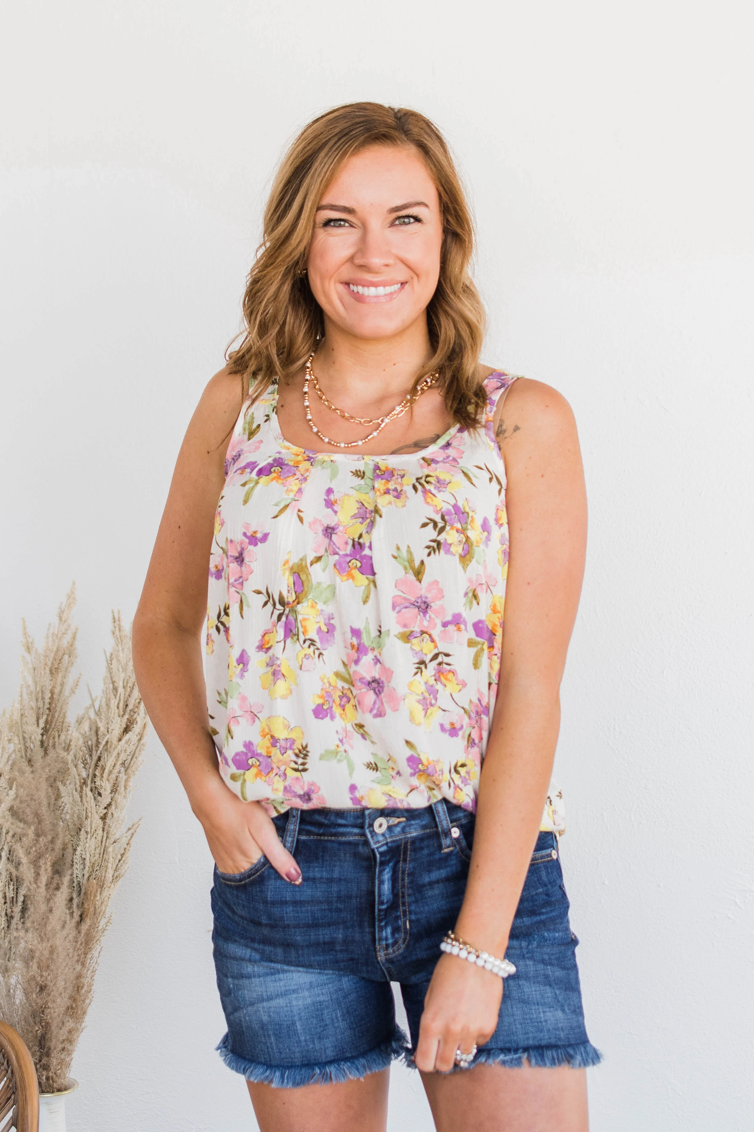 Floral Happiness Pleated Tank Top- Ivory - Image 4