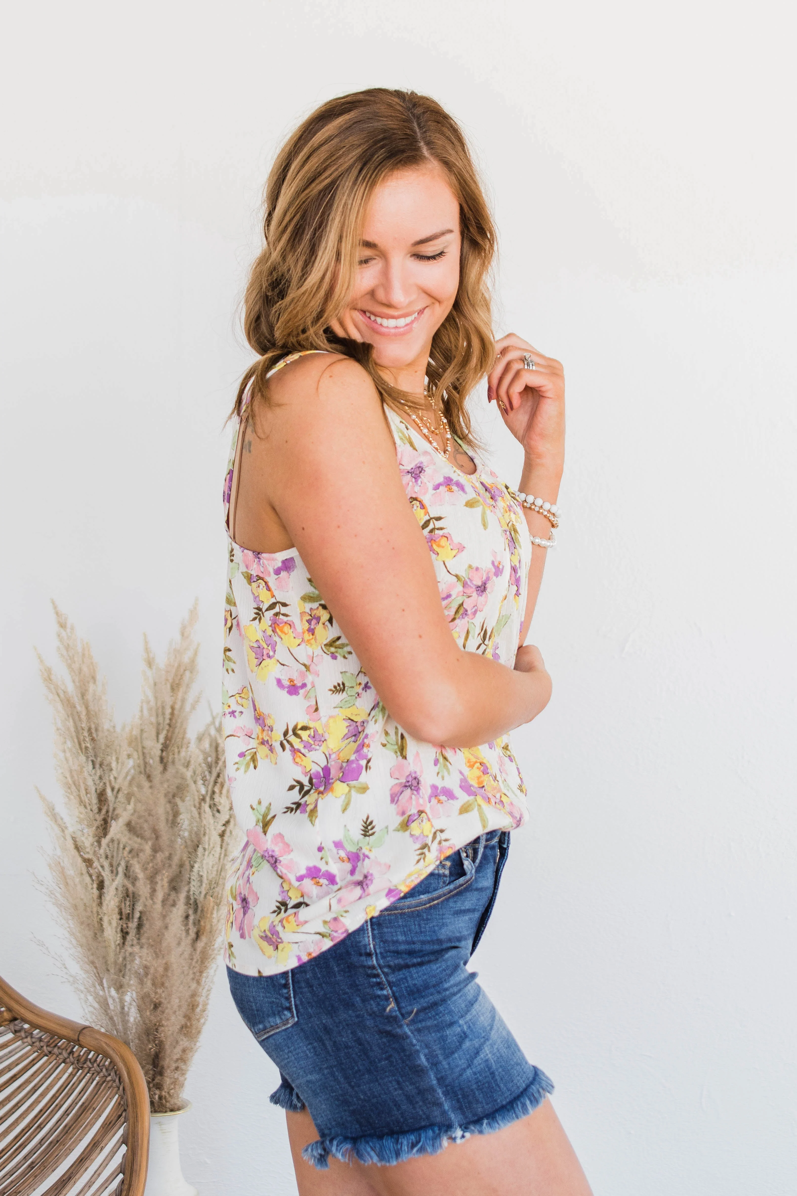 Floral Happiness Pleated Tank Top- Ivory - Image 7