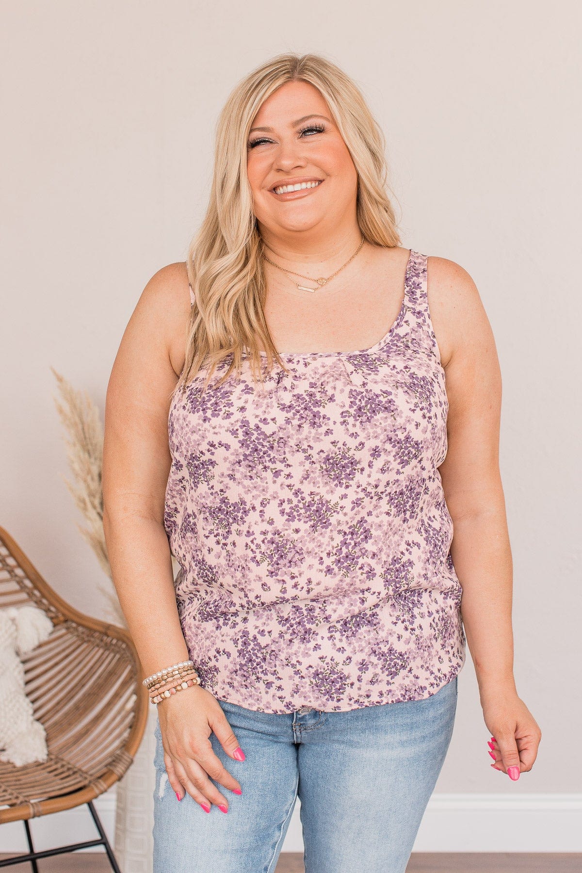 Floral Happiness Pleated Tank Top- Lavender - Image 2