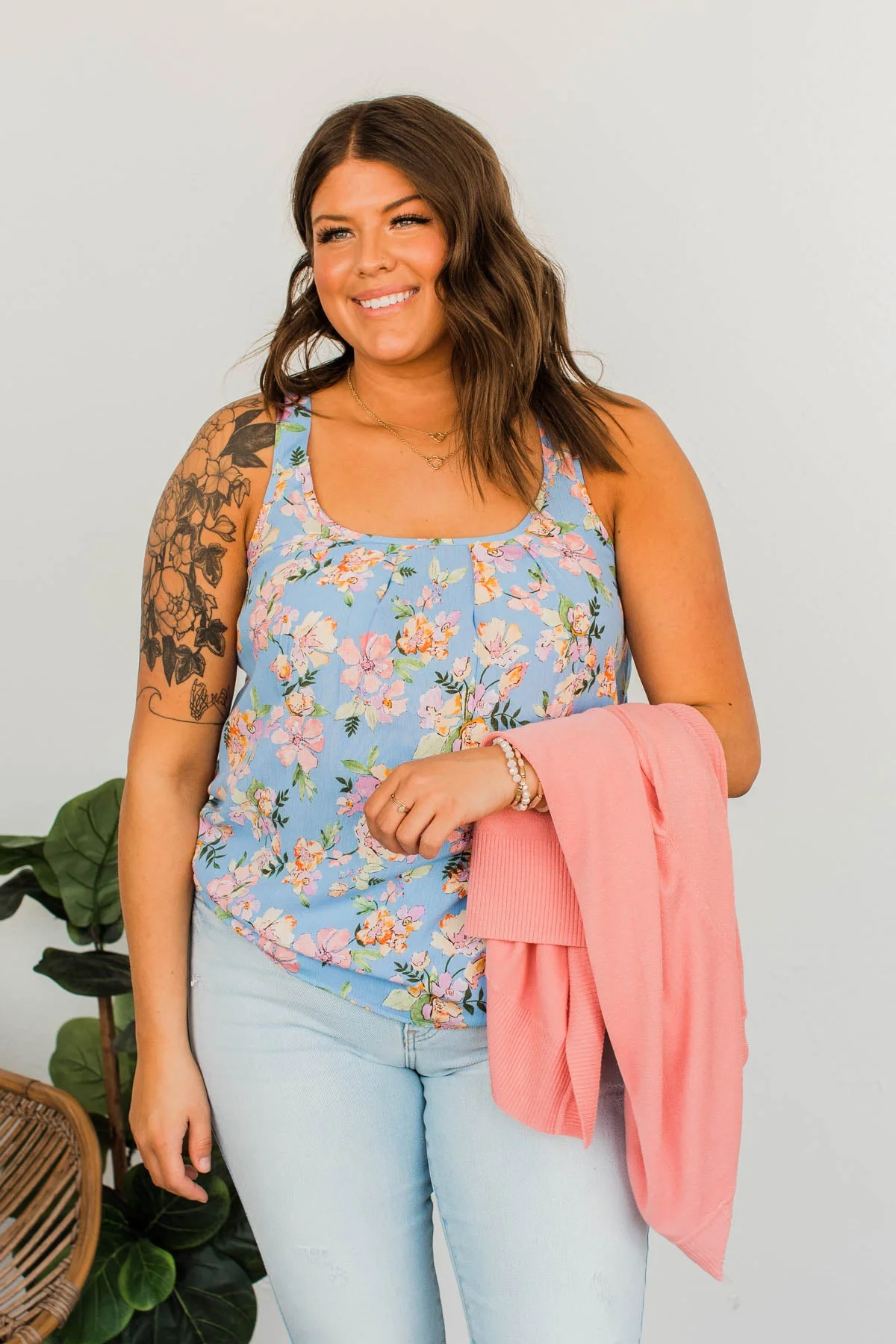 Floral Happiness Pleated Tank Top- Light Blue - Image 6