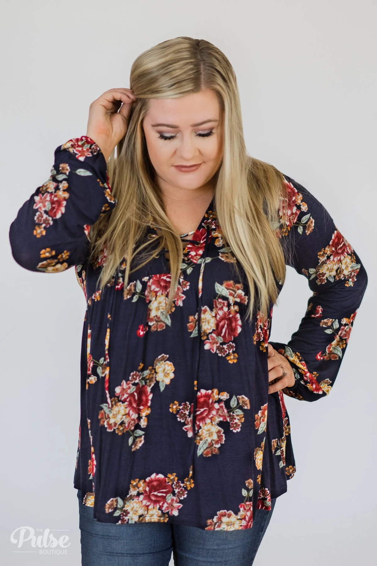Floral Lace Up Babydoll Top- Navy - Image 2