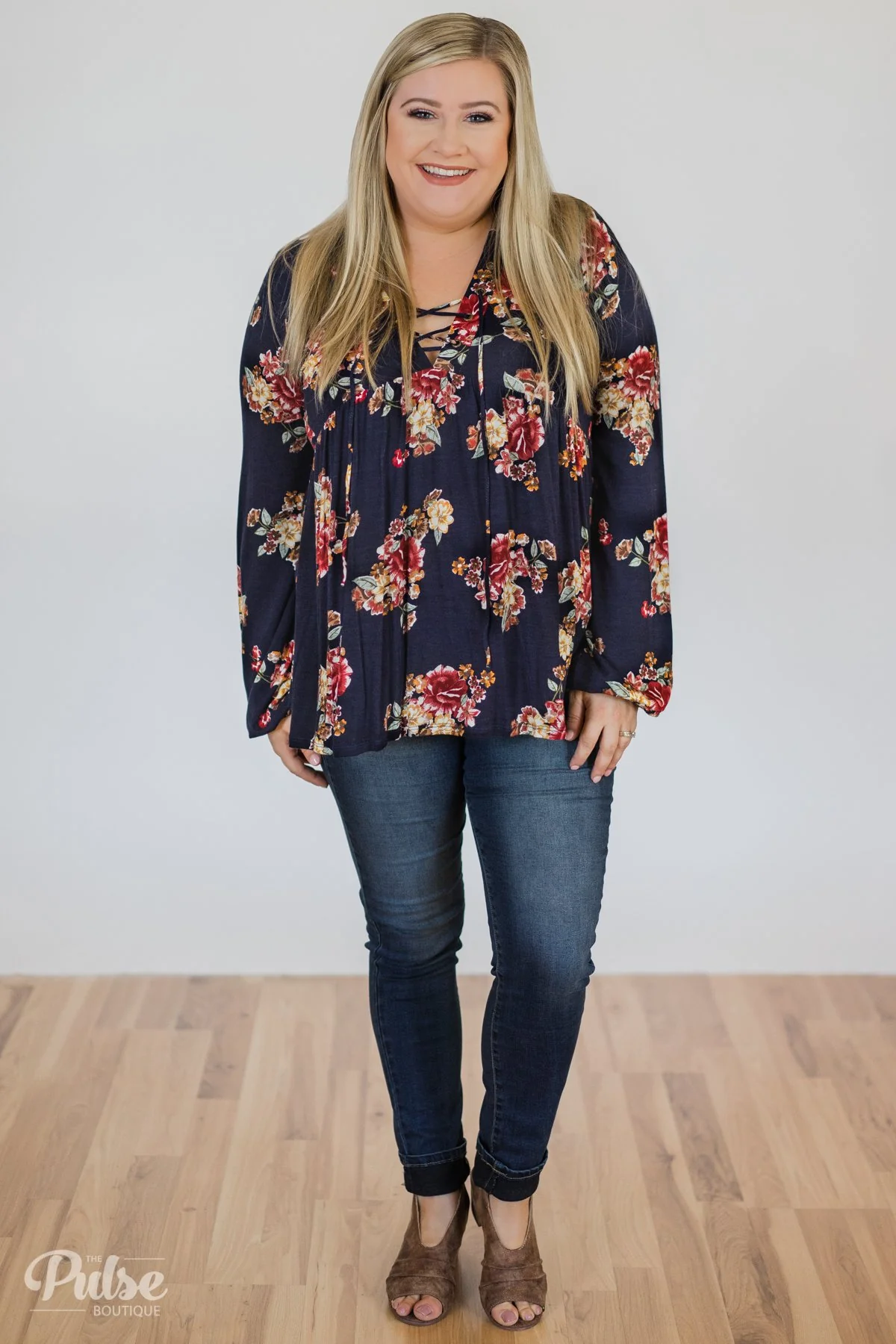 Floral Lace Up Babydoll Top- Navy - Image 4