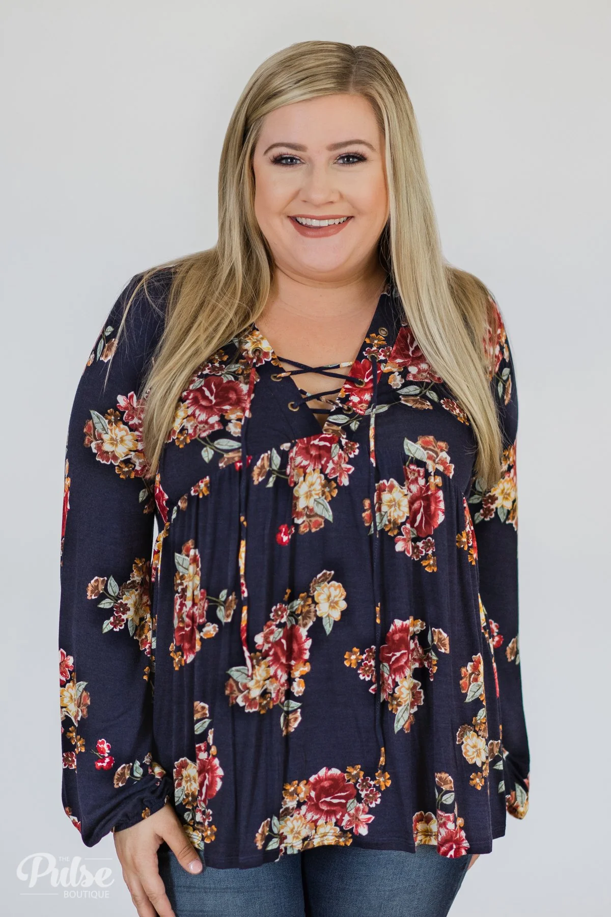 Floral Lace Up Babydoll Top- Navy - Image 9