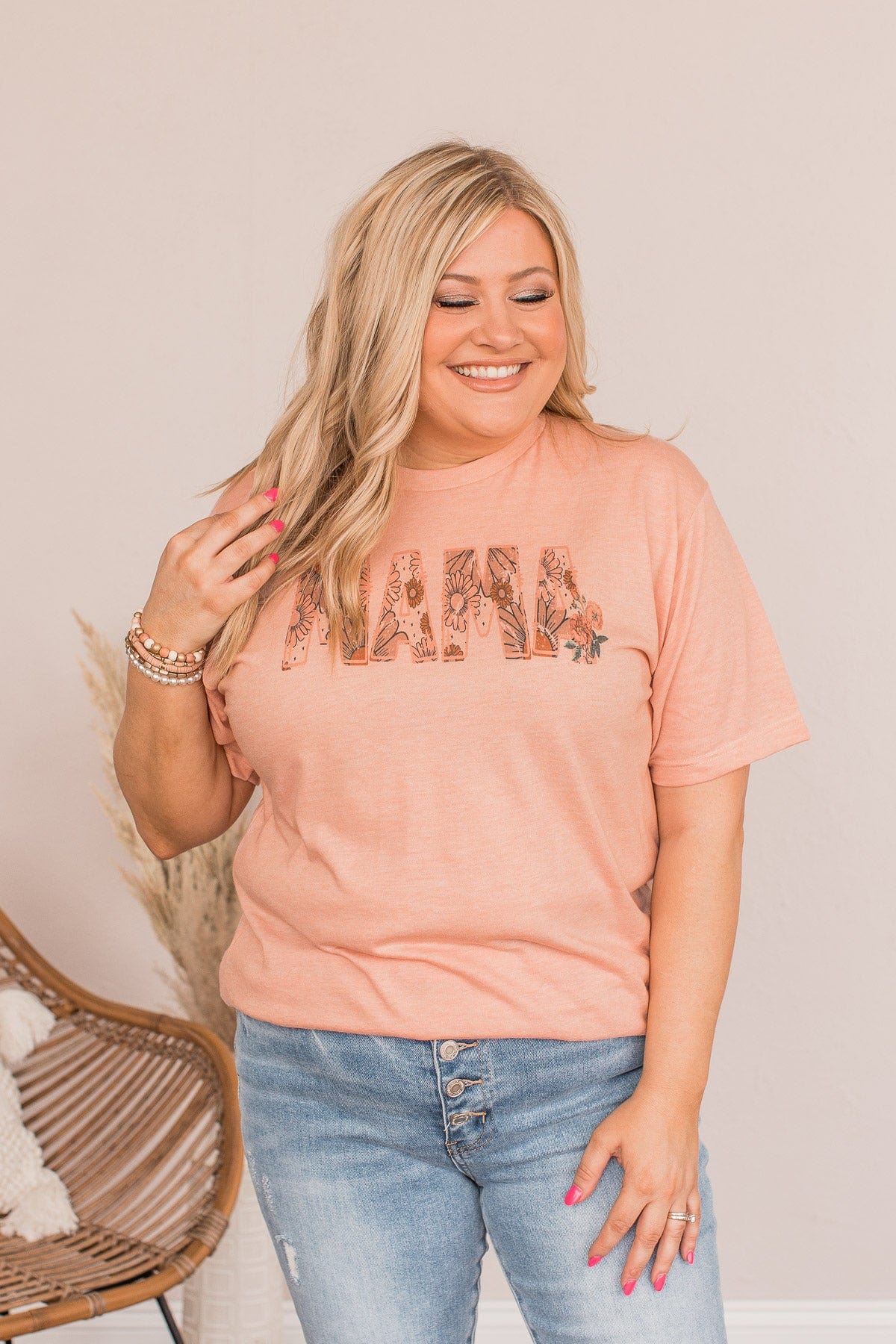 Floral "Mama" Graphic Tee- Peach - Image 2