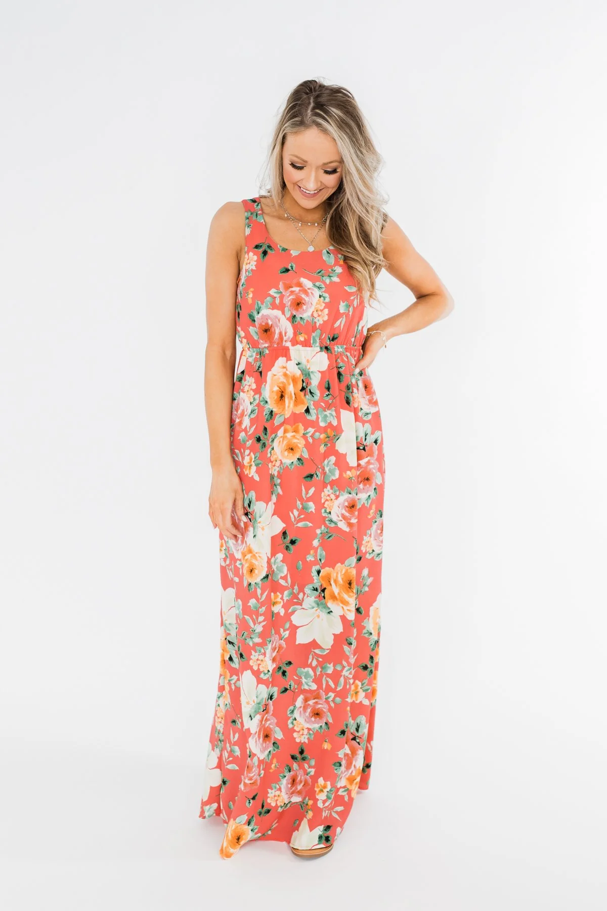 Floral Maxi Dress- Coral - Image 3