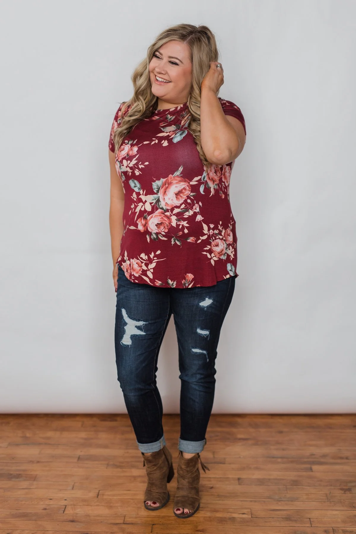 Floral Melody Short Sleeve Top - Burgundy - Image 3