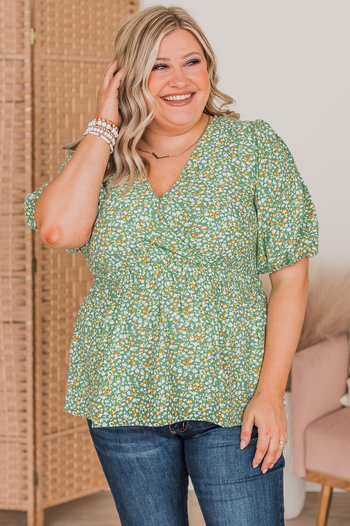 Floral Passions Puff Sleeve Peplum Blouse- Green - Image 4