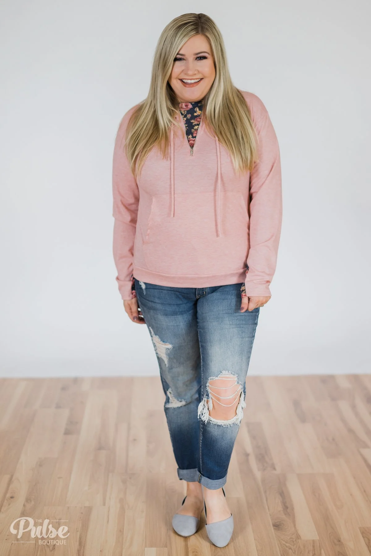 Floral Peek-A-Boo Hoodie- Pink - Image 3