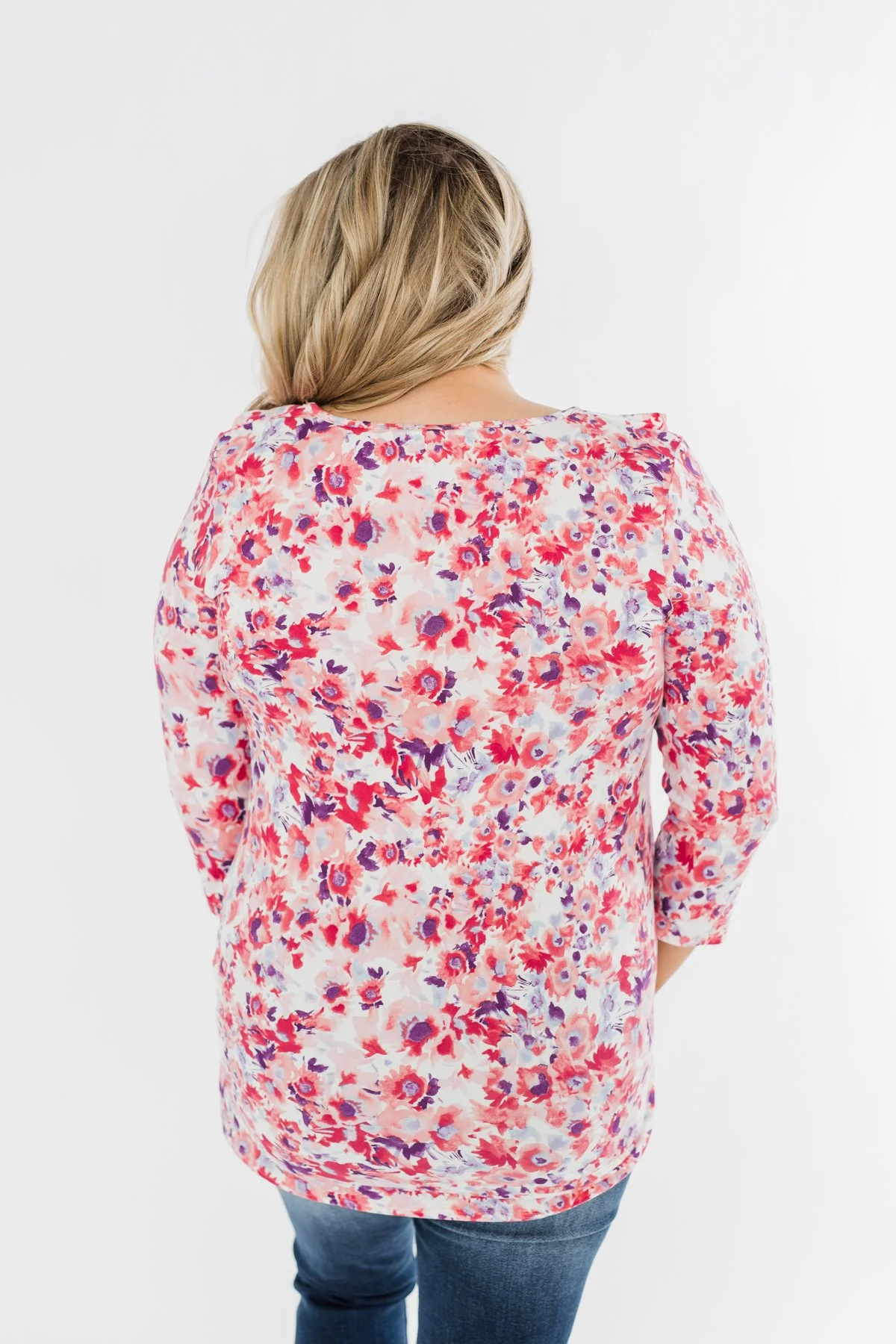 Floral Ruffle 3/4 Sleeve Top- Pink, Purple, Blue - Image 13