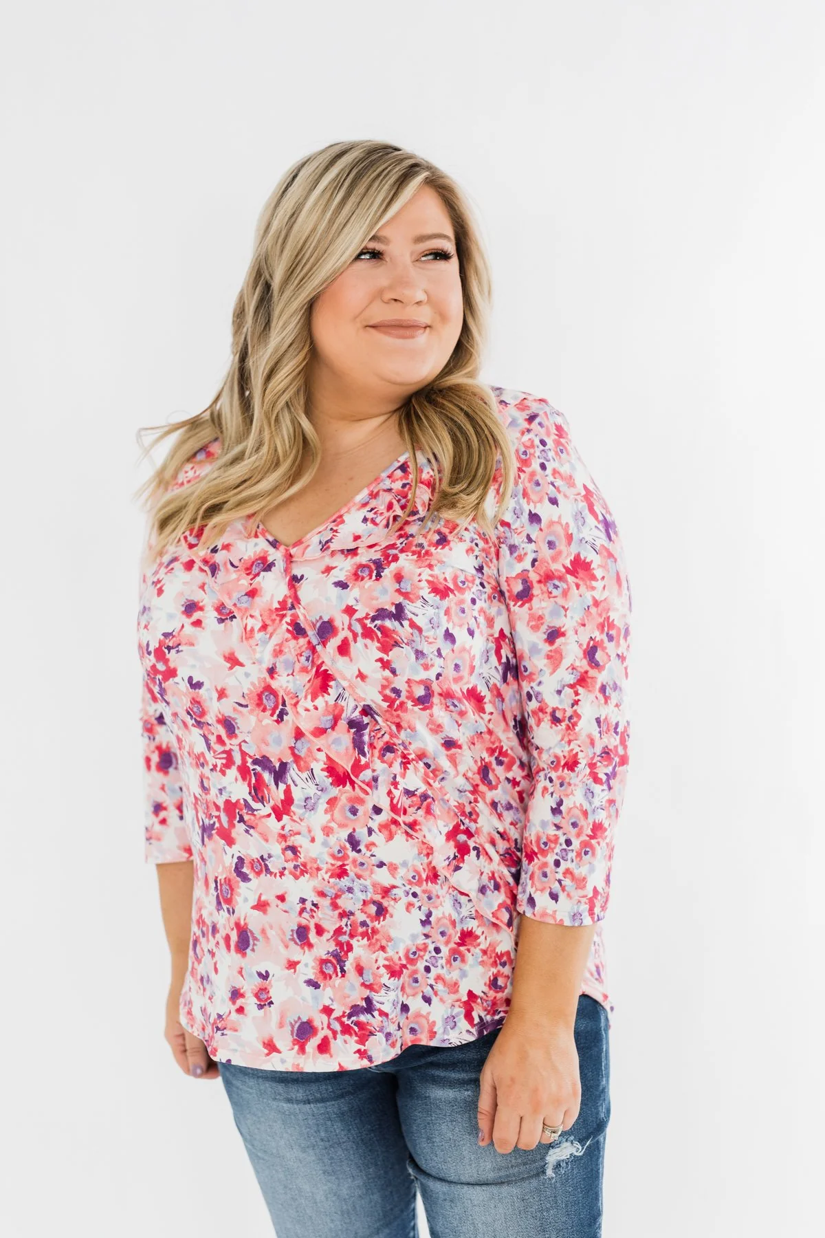 Floral Ruffle 3/4 Sleeve Top- Pink, Purple, Blue - Image 3
