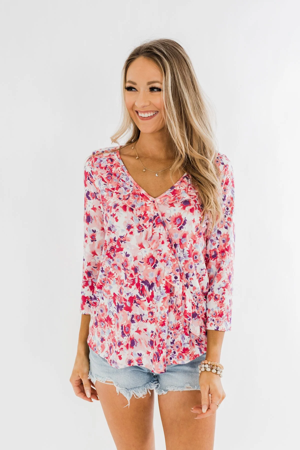 Floral Ruffle 3/4 Sleeve Top- Pink, Purple, Blue - Image 4
