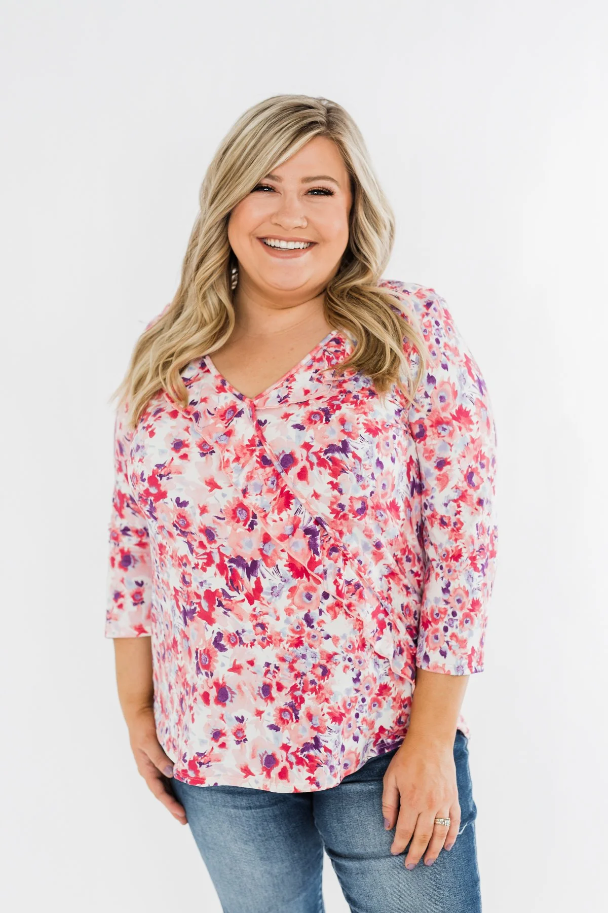 Floral Ruffle 3/4 Sleeve Top- Pink, Purple, Blue - Image 5