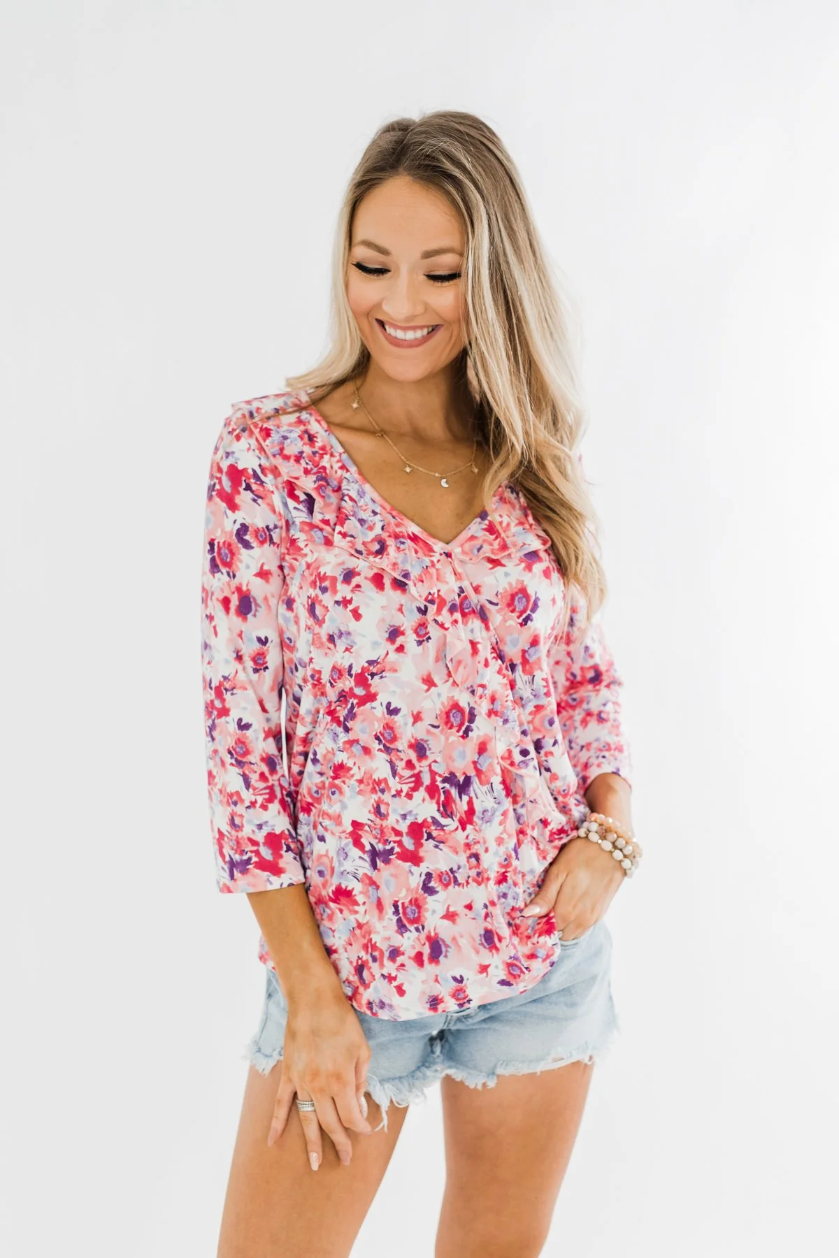 Floral Ruffle 3/4 Sleeve Top- Pink, Purple, Blue - Image 6