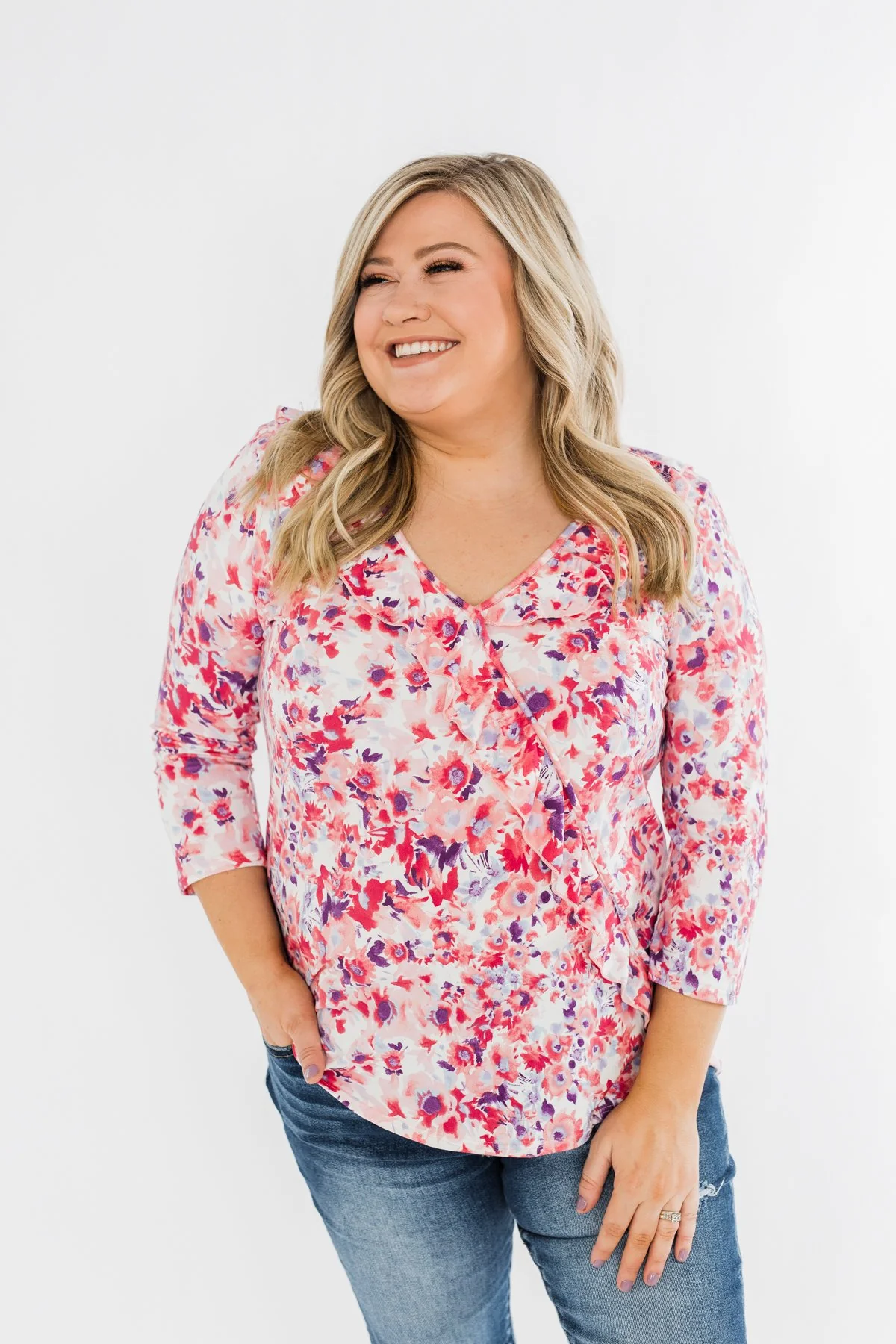 Floral Ruffle 3/4 Sleeve Top- Pink, Purple, Blue - Image 7
