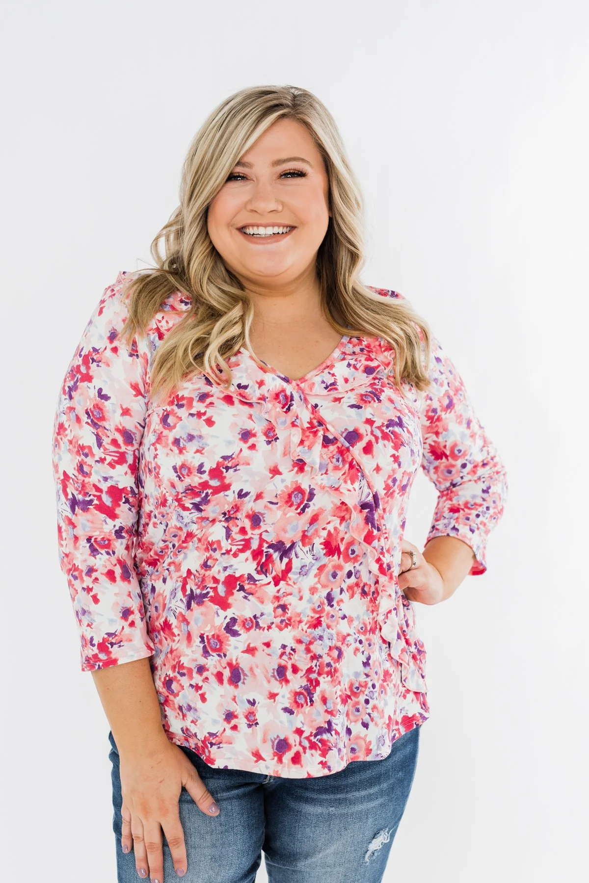 Floral Ruffle 3/4 Sleeve Top- Pink, Purple, Blue - Image 8