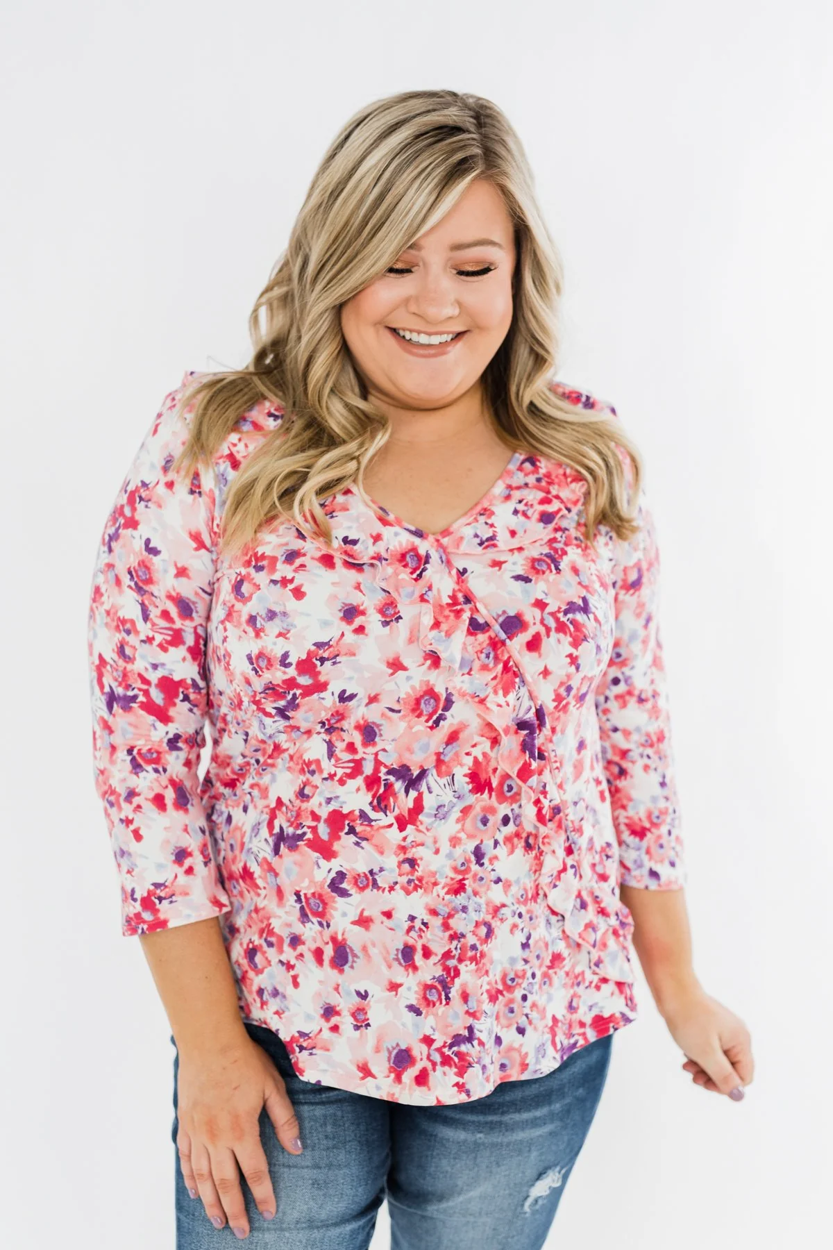Floral Ruffle 3/4 Sleeve Top- Pink, Purple, Blue - Image 9