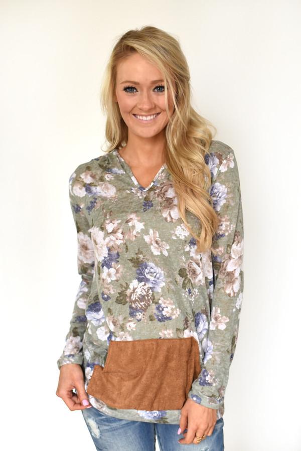 Floral Hoodie Top ~ Light Olive - Image 3