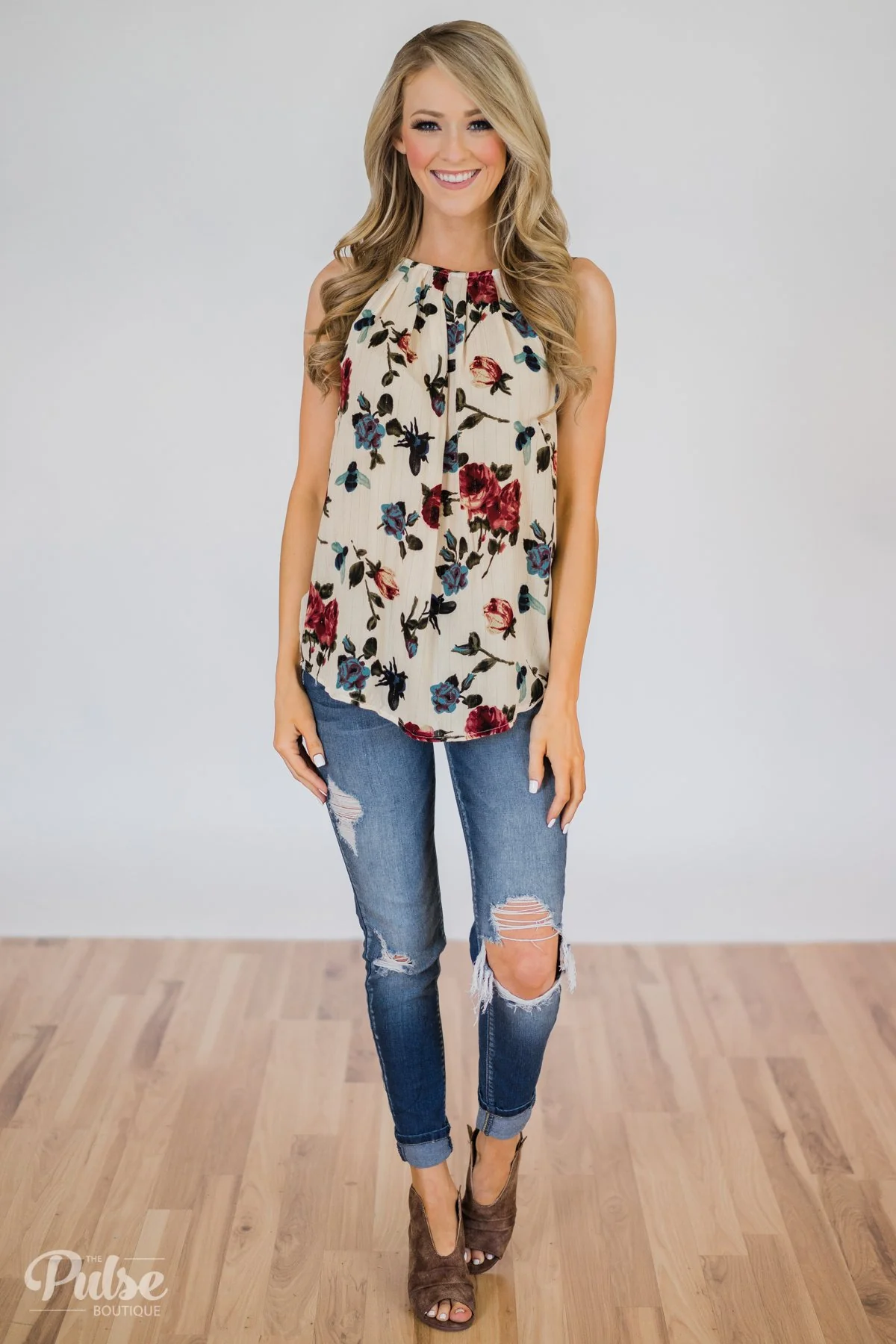 Floral Shimmer Halter Tank Top - Image 2