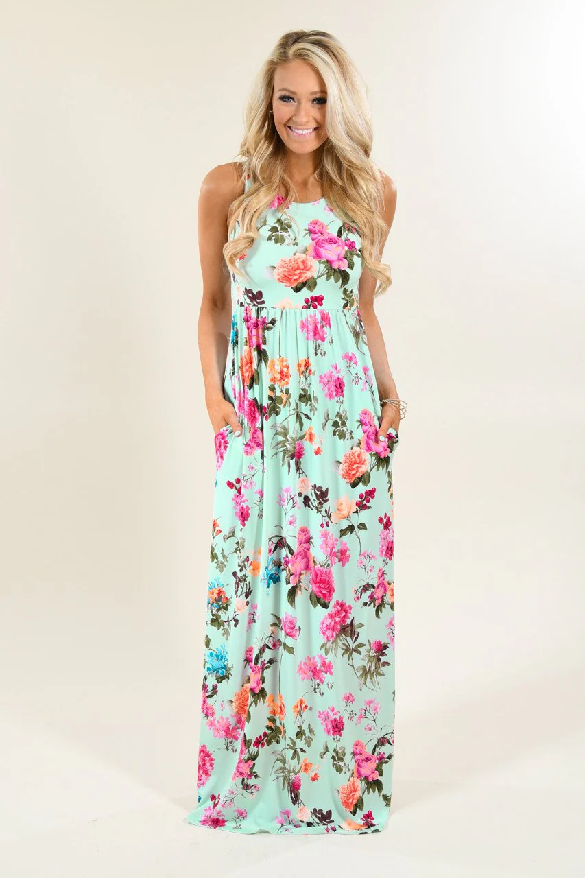 Floral Showers Mint Maxi Dress