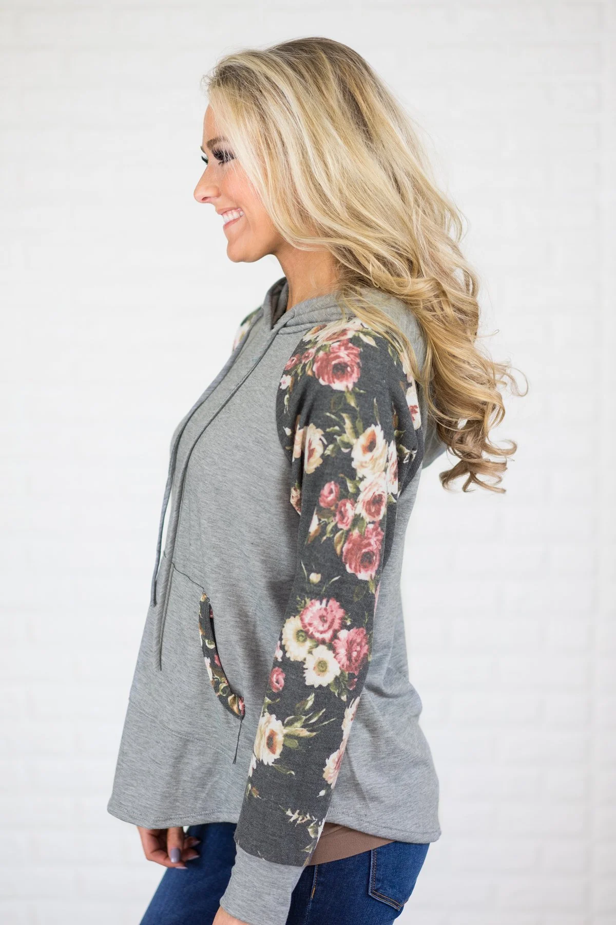Floral Sleeve Hoodie - Grey - Image 2