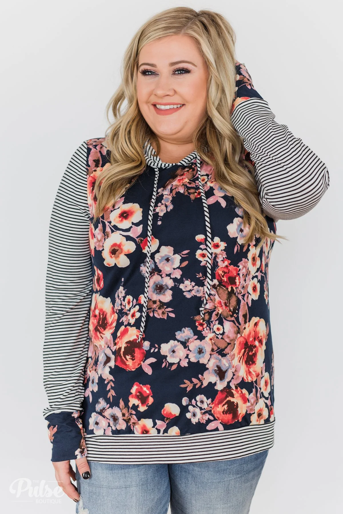 What A Girl Wants Floral & Striped Hoodie- Navy - Image 10