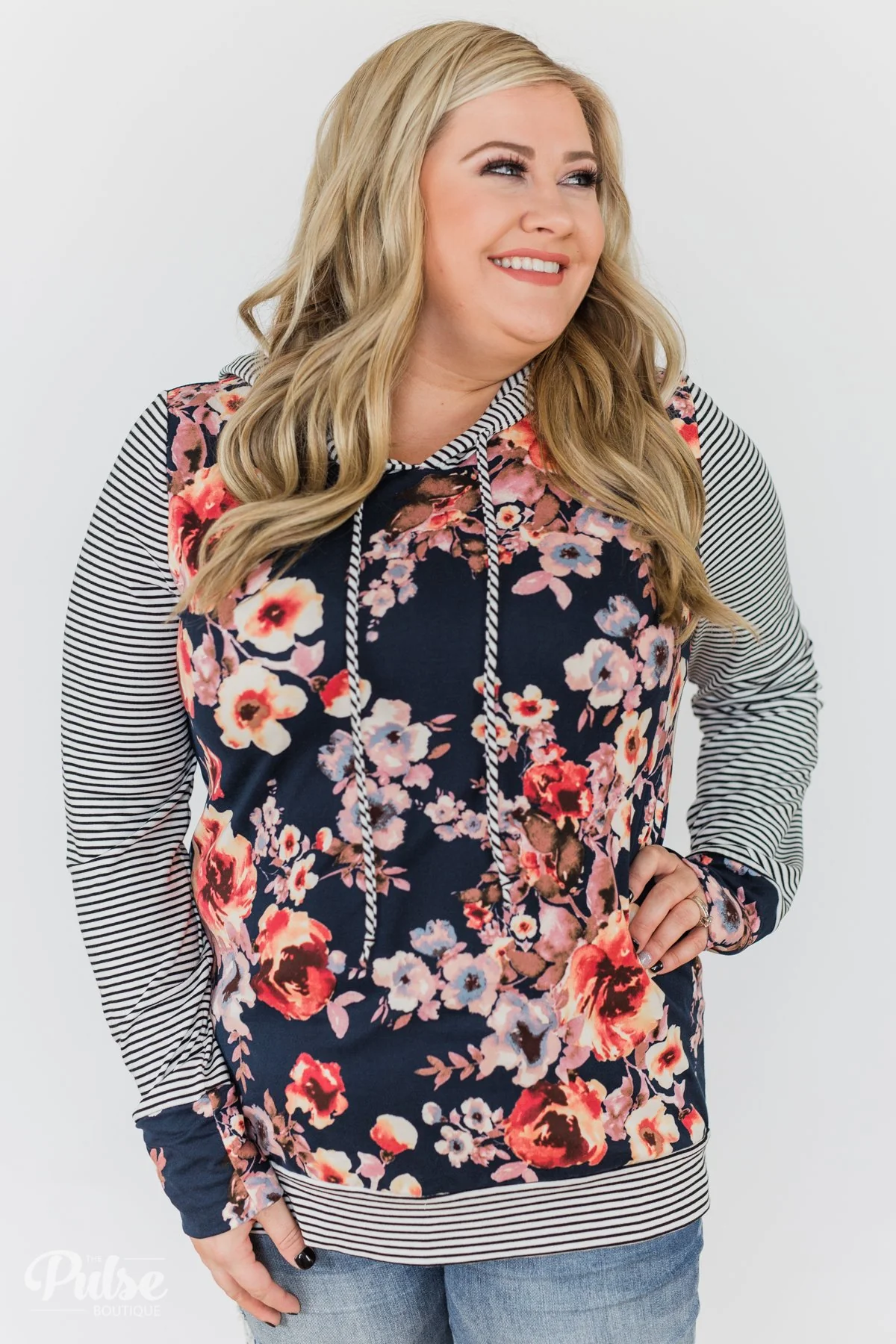What A Girl Wants Floral & Striped Hoodie- Navy - Image 11