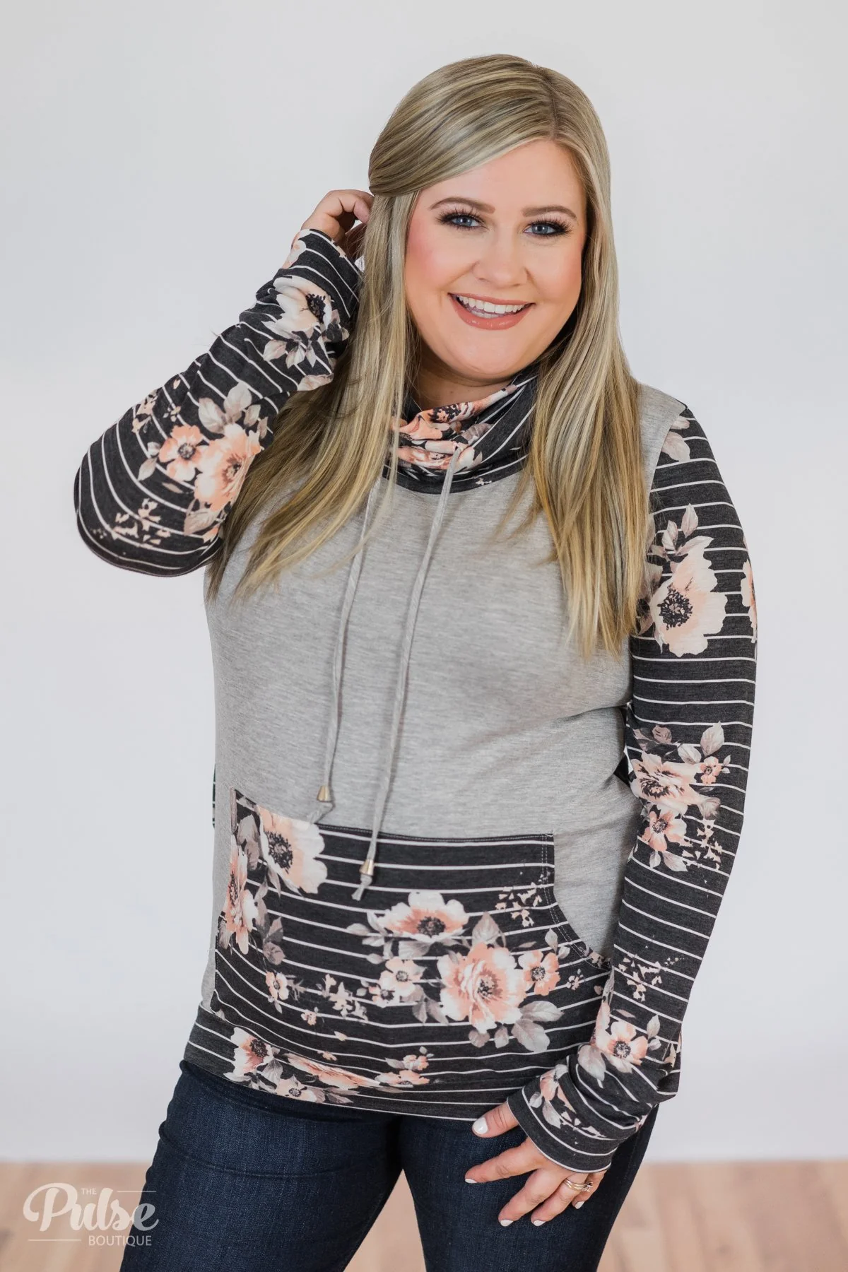 Floral & Stripes Cowl Neck- Grey - Image 2