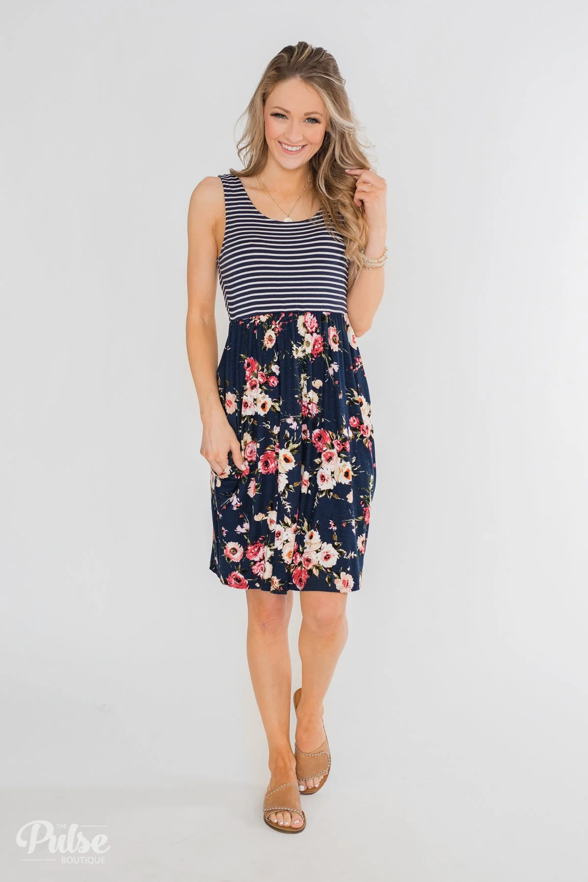 Floral & Stripes Sleeveless Midi Dress- Navy - Image 5