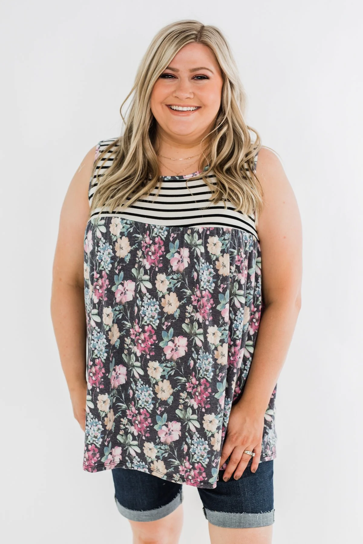 Floral & Stripes Tank Top- Ivory & Heather Charcoal - Image 4