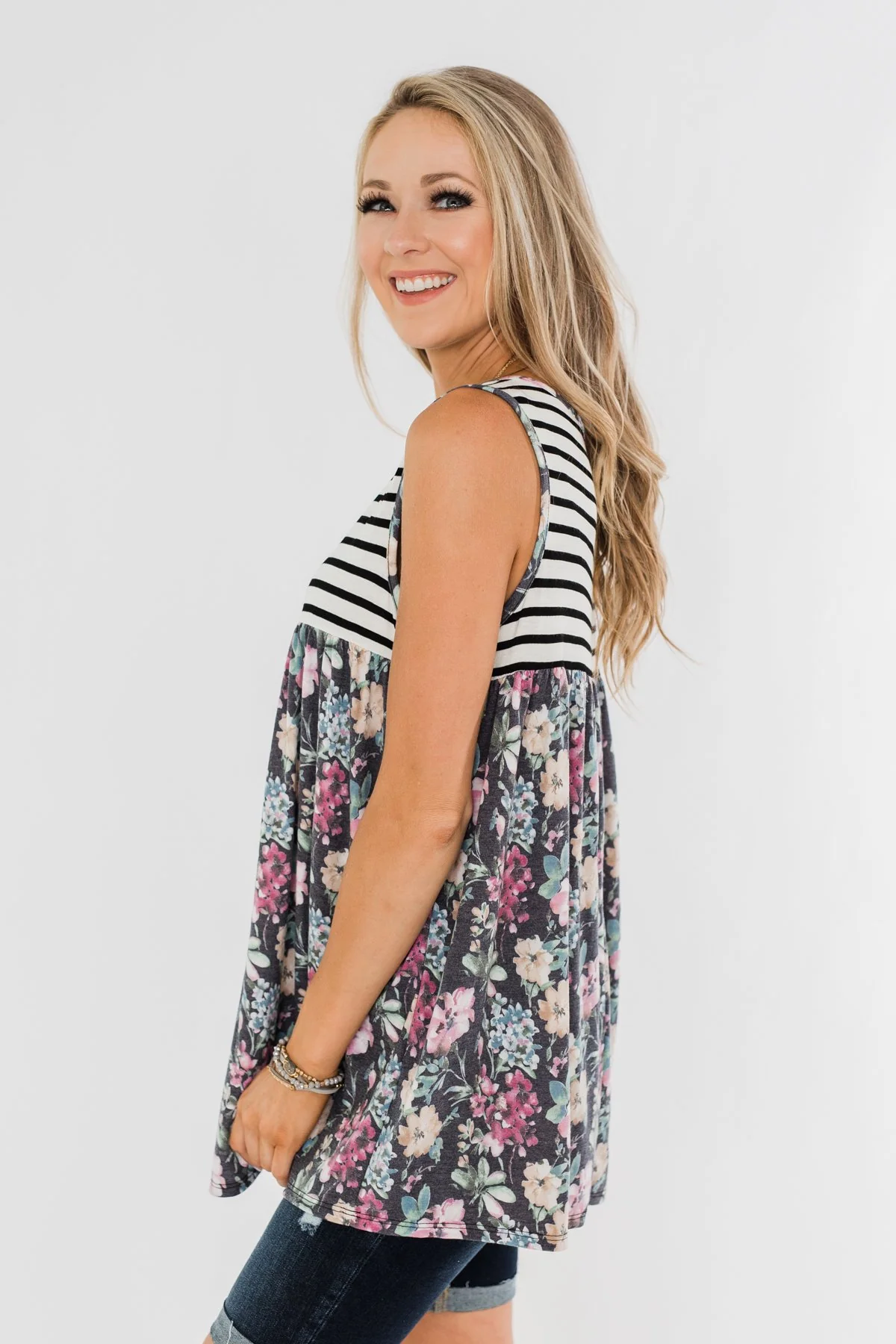 Floral & Stripes Tank Top- Ivory & Heather Charcoal - Image 7