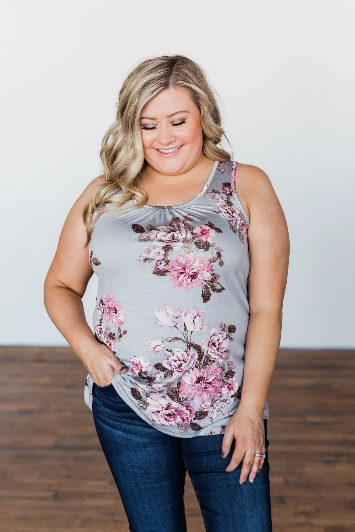 Morning Blossoms Floral Tank- Soft Grey - Image 6