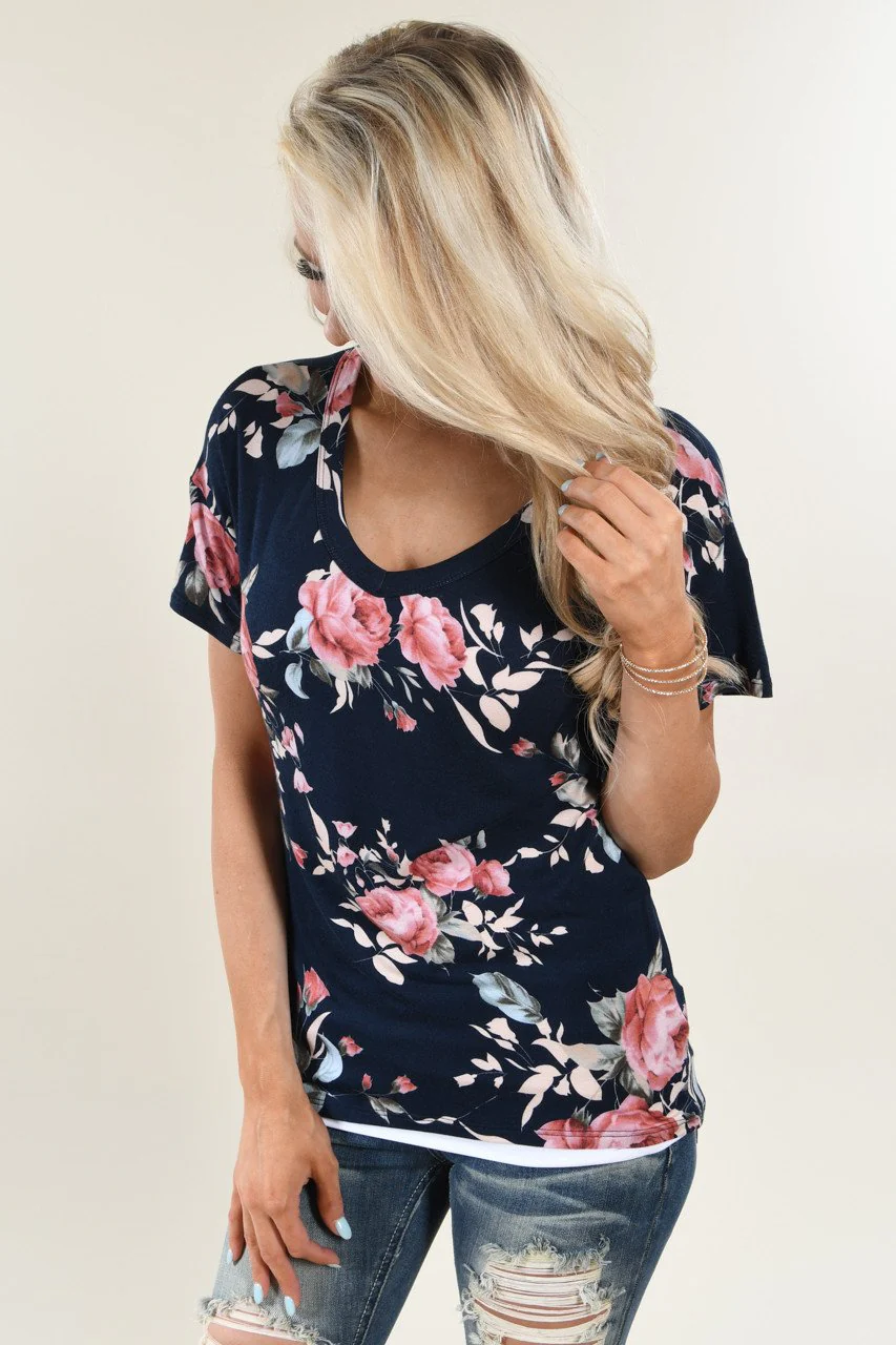 Floral V-Neck ~ Navy - Image 10