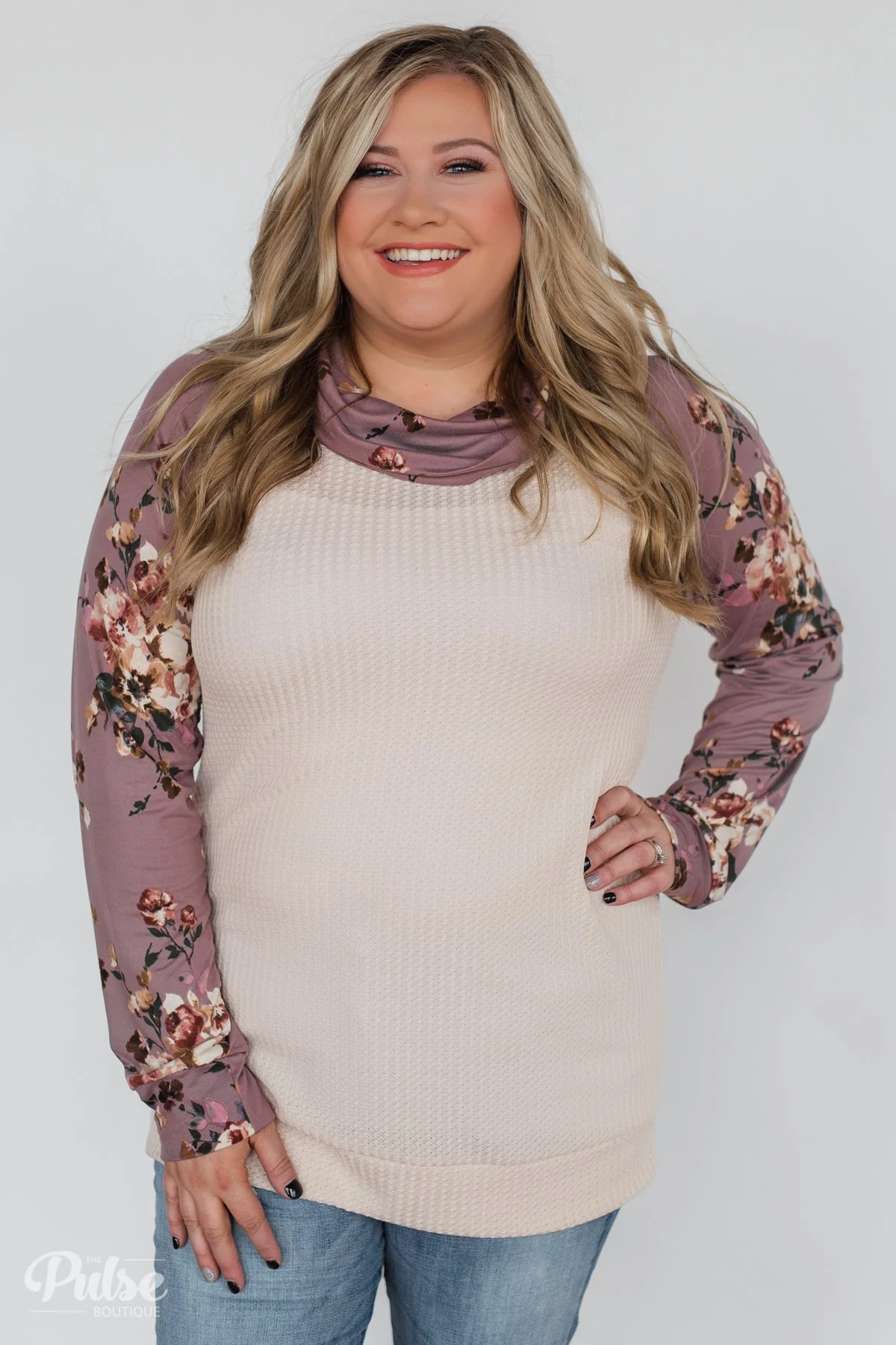 Floral & Waffle Print Cowl Neck Top- Cream & Purple