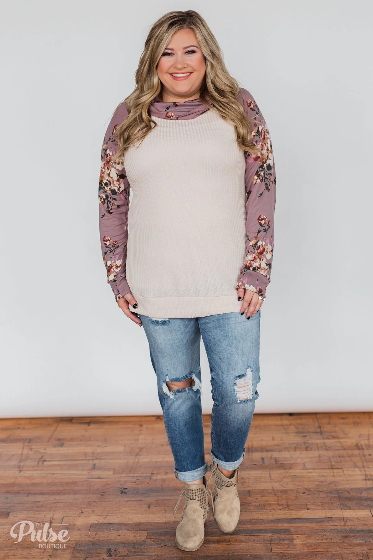 Floral & Waffle Print Cowl Neck Top- Cream & Purple - Image 3