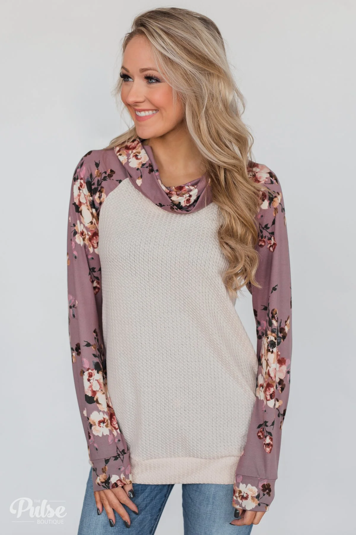Floral & Waffle Print Cowl Neck Top- Cream & Purple - Image 6