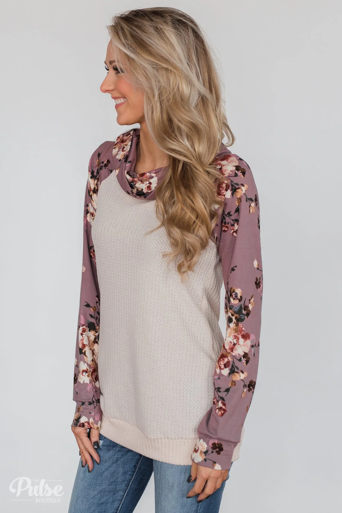 Floral & Waffle Print Cowl Neck Top- Cream & Purple - Image 8